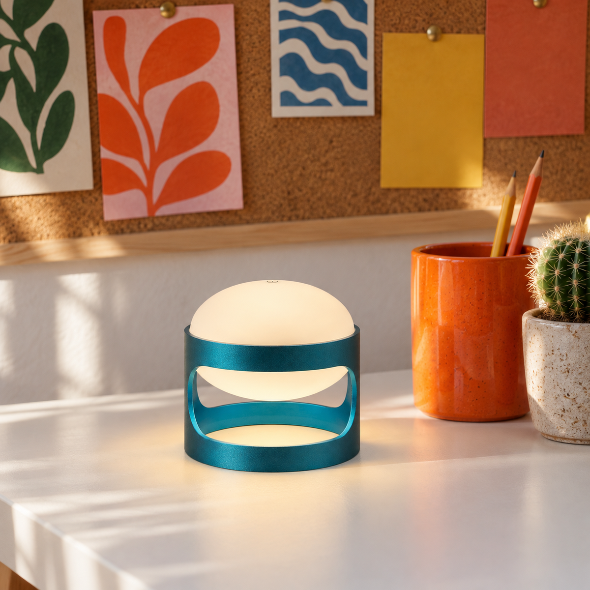 Lotus Mini cordless lamp in Deep Teal Blue on a desk under a pinboard