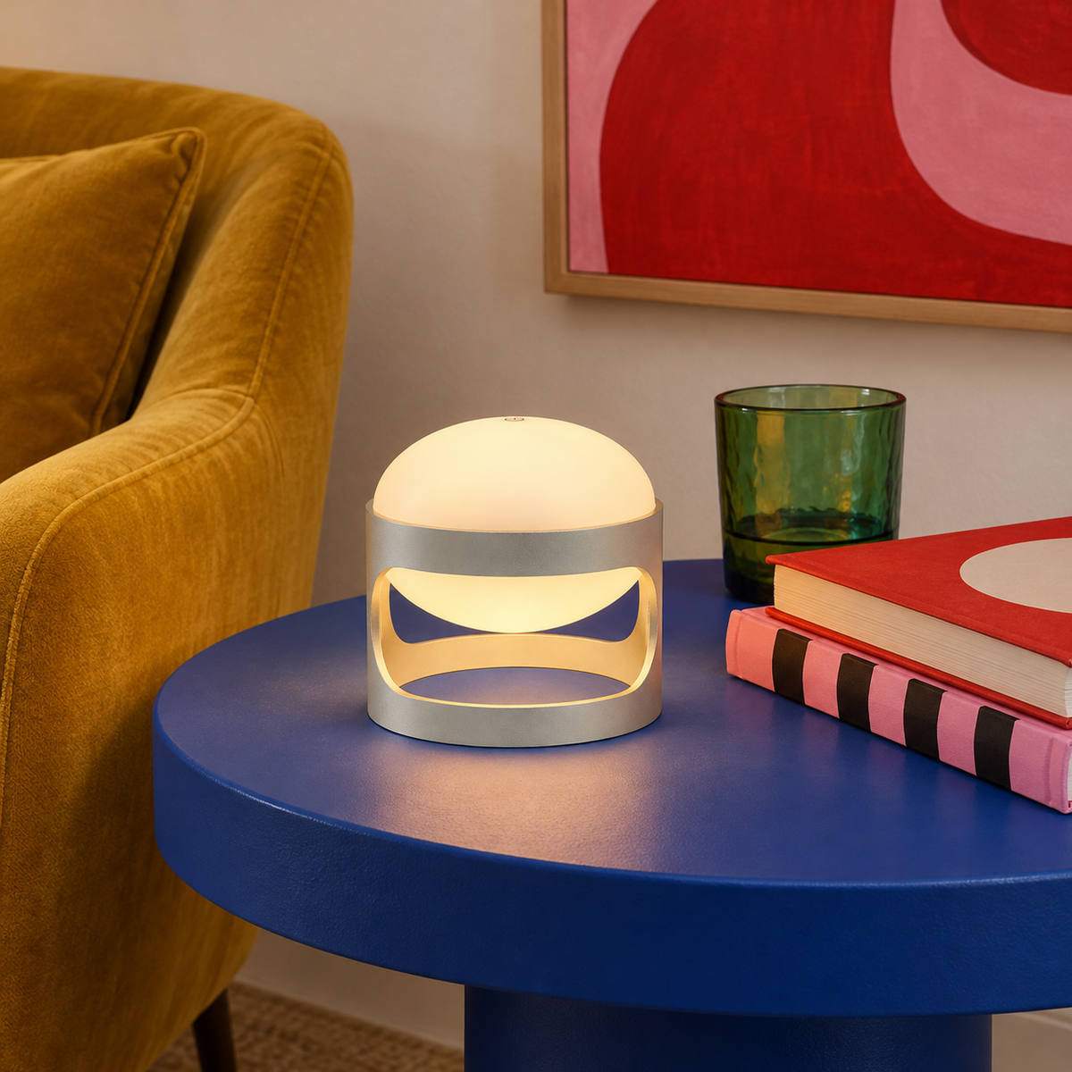 Lotus Mini cordless lamp in Matte Silver, lit on a cobalt blue side table by a mustard armchair