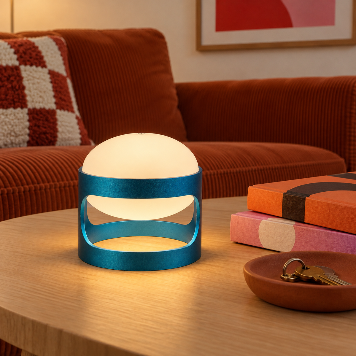 Lotus Mini cordless lamp in Deep Teal Blue, lit on a coffee table in front of a rust sofa