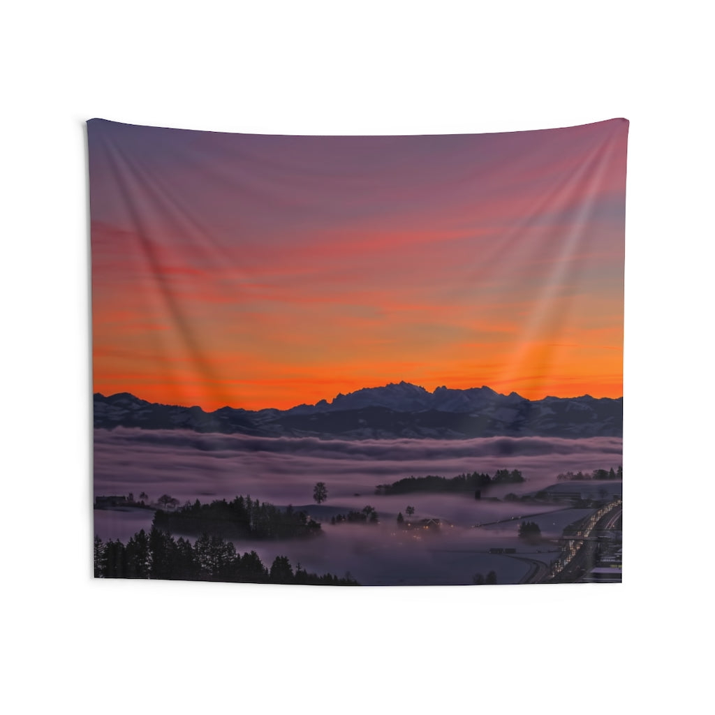 Sunset Tapestry for Bedroom | Misty City at Dusk with Orange Sunset over Mountains | College Dorm Decor | Multiple Sizes