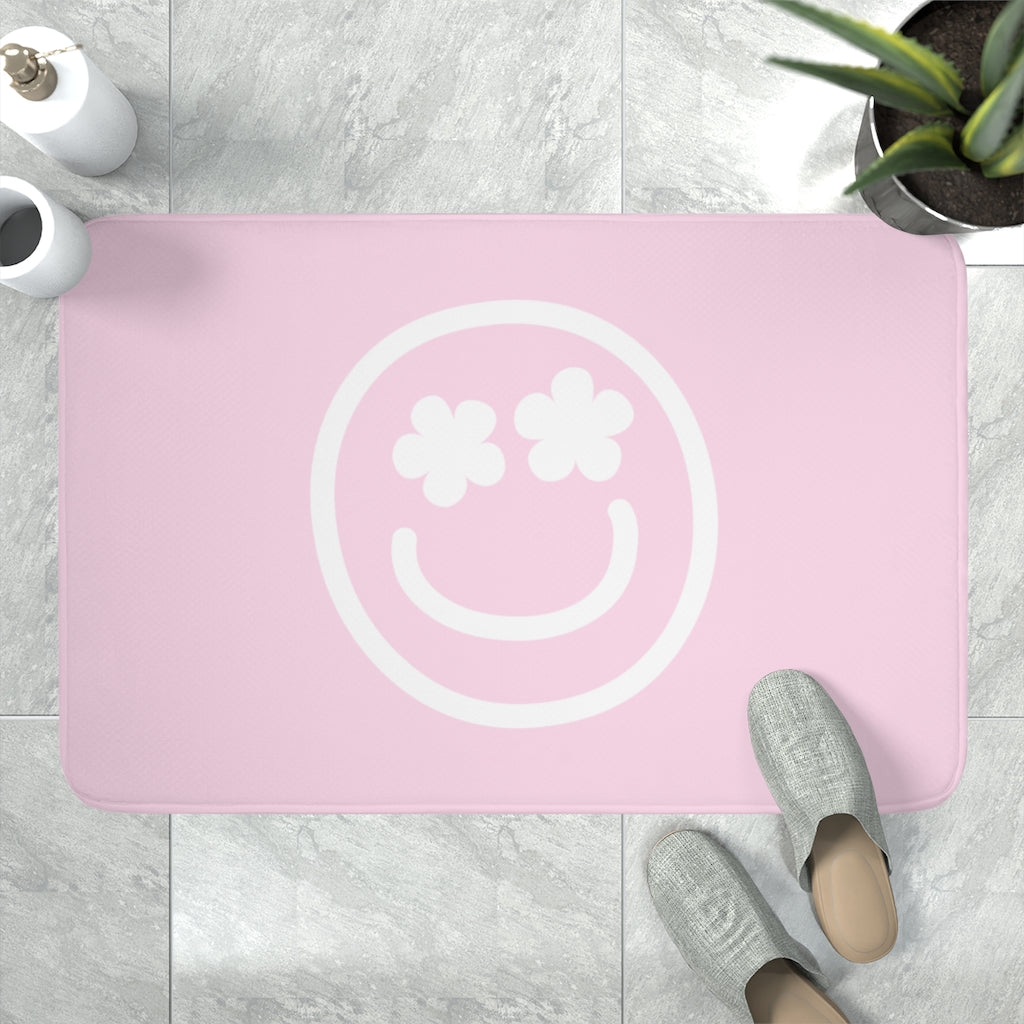 Cute Smiley Face Pink Bath Mat | Memory Foam Bath Mat | Bathtroom Rug