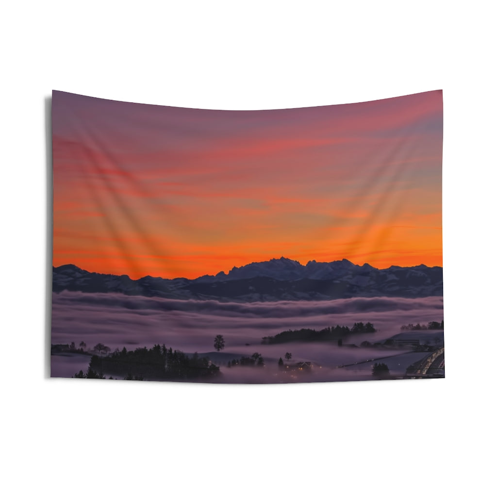 Sunset Tapestry for Bedroom | Misty City at Dusk with Orange Sunset over Mountains | College Dorm Decor | Multiple Sizes