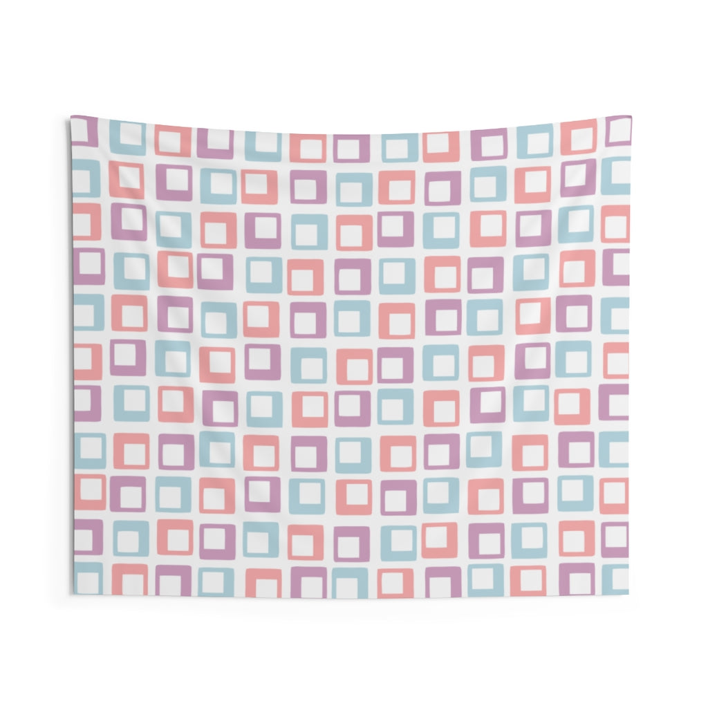 Cute Pink Tapestry | Minimalist Wall Hanging | Midcentury Modern Pattern Abstract Squares | College Dorm Decor | Hippie 70s Tapestry For Girls
