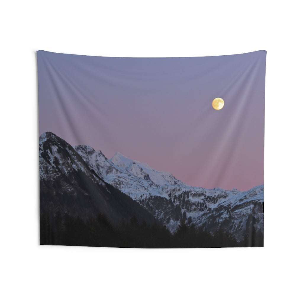 Mountain Tapestry for Bedroom with Moon and Purple Sky